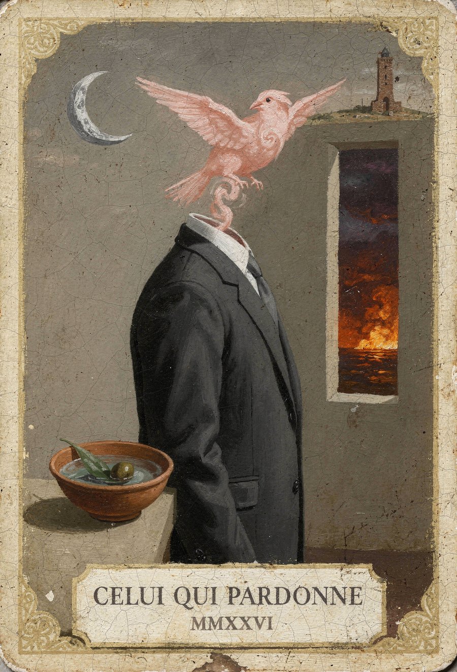 Celui Qui Pardonne — carta de la baraja: un hombre sin cabeza lee una carta; un pájaro de humo rosa sube de su cuello.