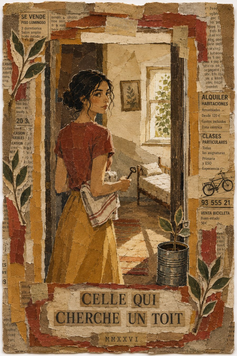 Carta V — una joven con una llave mira atrás en el umbral; collage de clasificados.