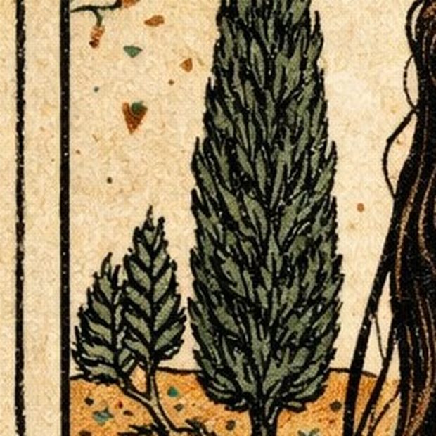 Detalle de la carta: cipreses sobre tierra ocre.
