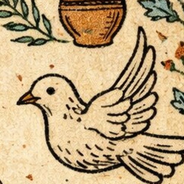 Detalle de la carta: una paloma en vuelo bajo la vasija.