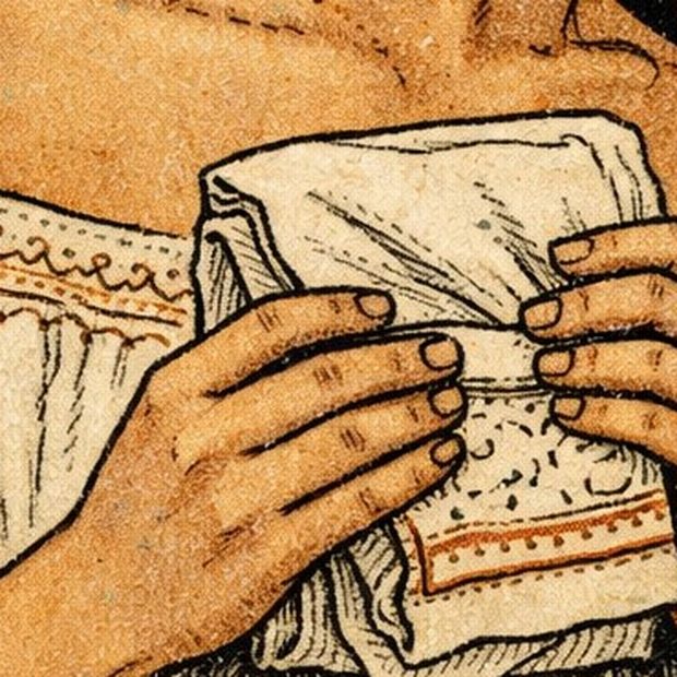 Detalle de la carta: las manos sostienen un paño plegado.
